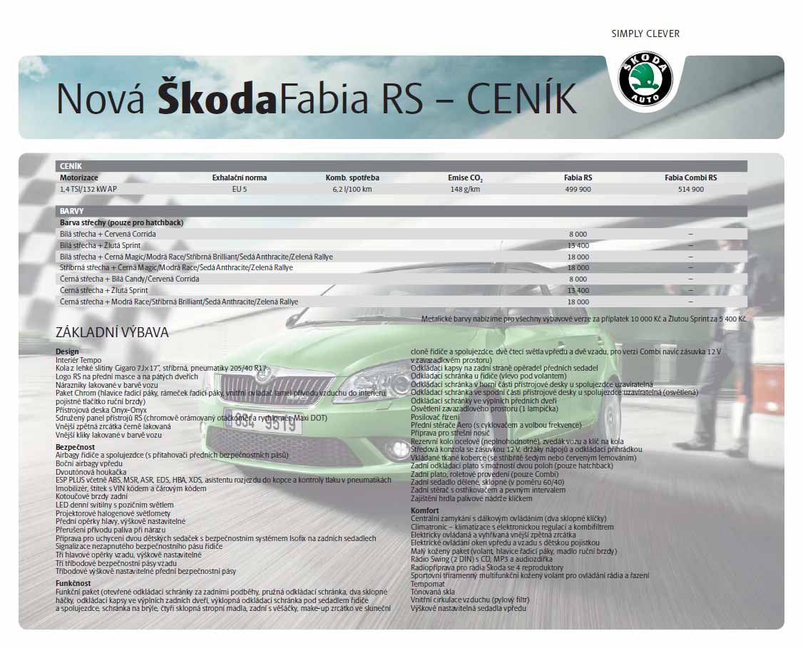 Škoda Fabia RS ceník 05/2010
